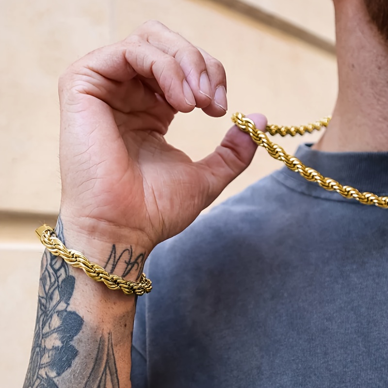 Twisted Rope Chain Set Necklace and Bracelet Non Magnetic Golden Finish